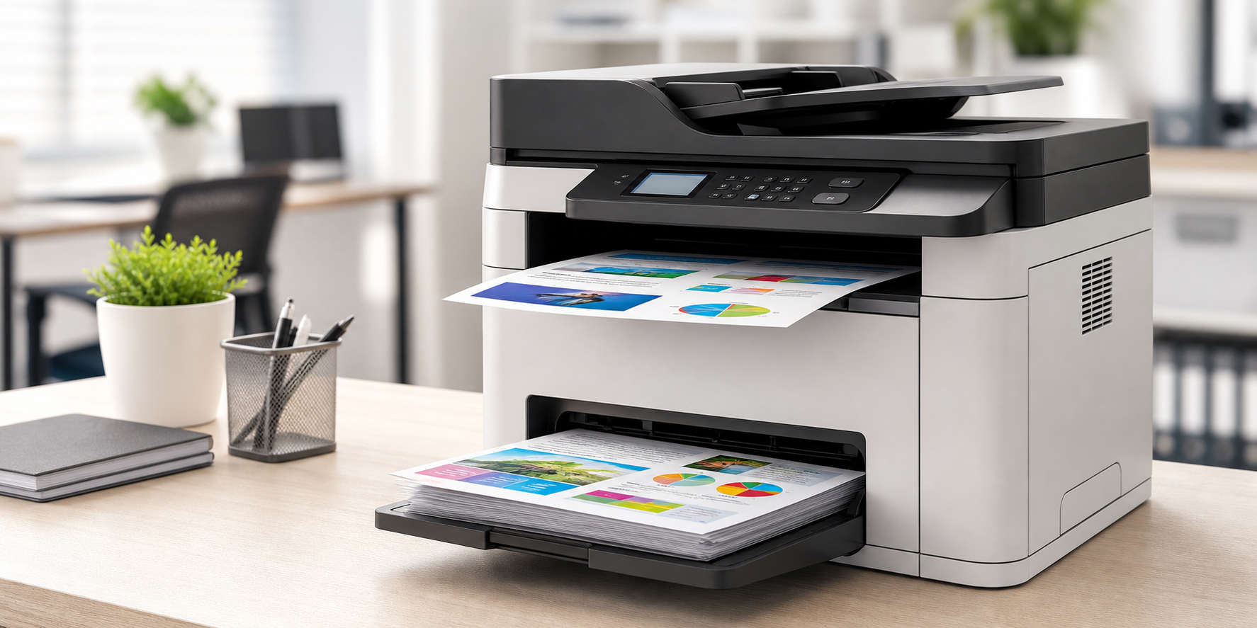 Modern office printer printing colorful sample pages